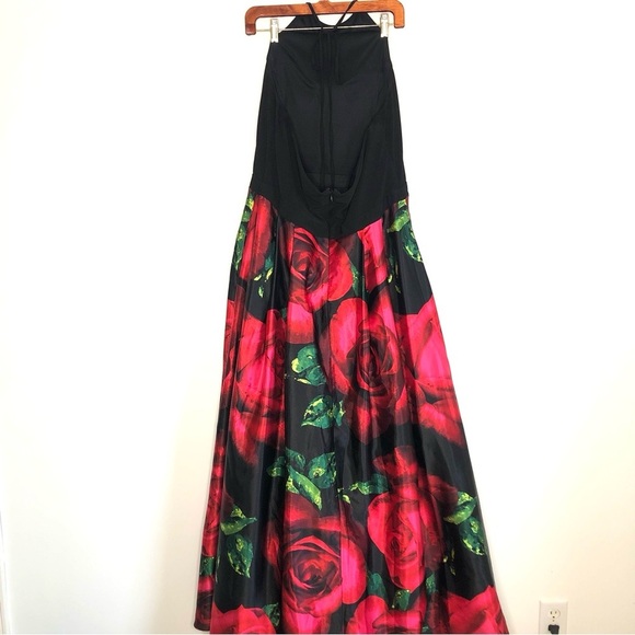 Blondie Nites Rose Print Halter Evening Gown - Picture 4 of 9
